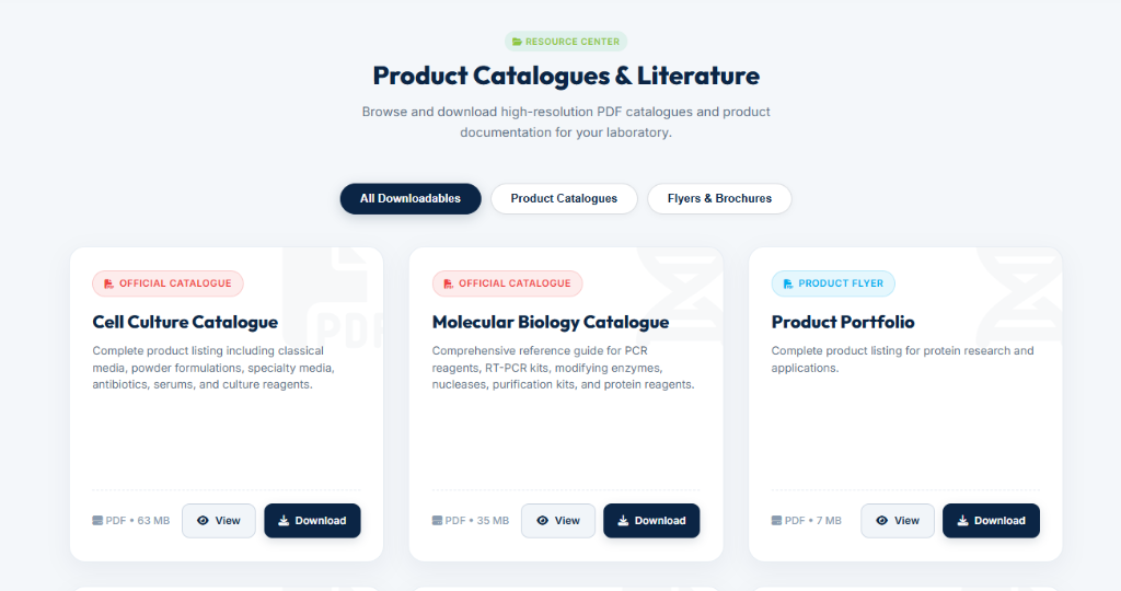 BioArtha Labs resource center featuring downloadable high-resolution product catalogues and laboratory literature PDFs