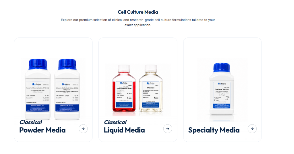 BioArtha Labs cell culture media product catalogue displaying classical powder, liquid, and specialty formulation categories