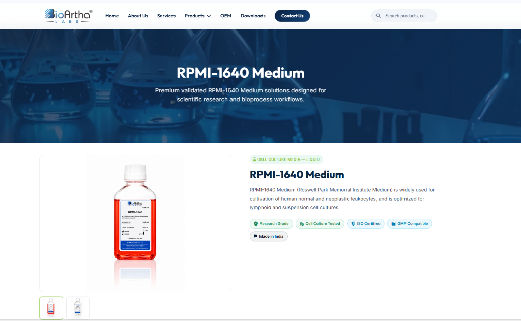 BioArtha Labs RPMI-1640 Medium product detail page with scientific specifications and GMP compliance certification badges